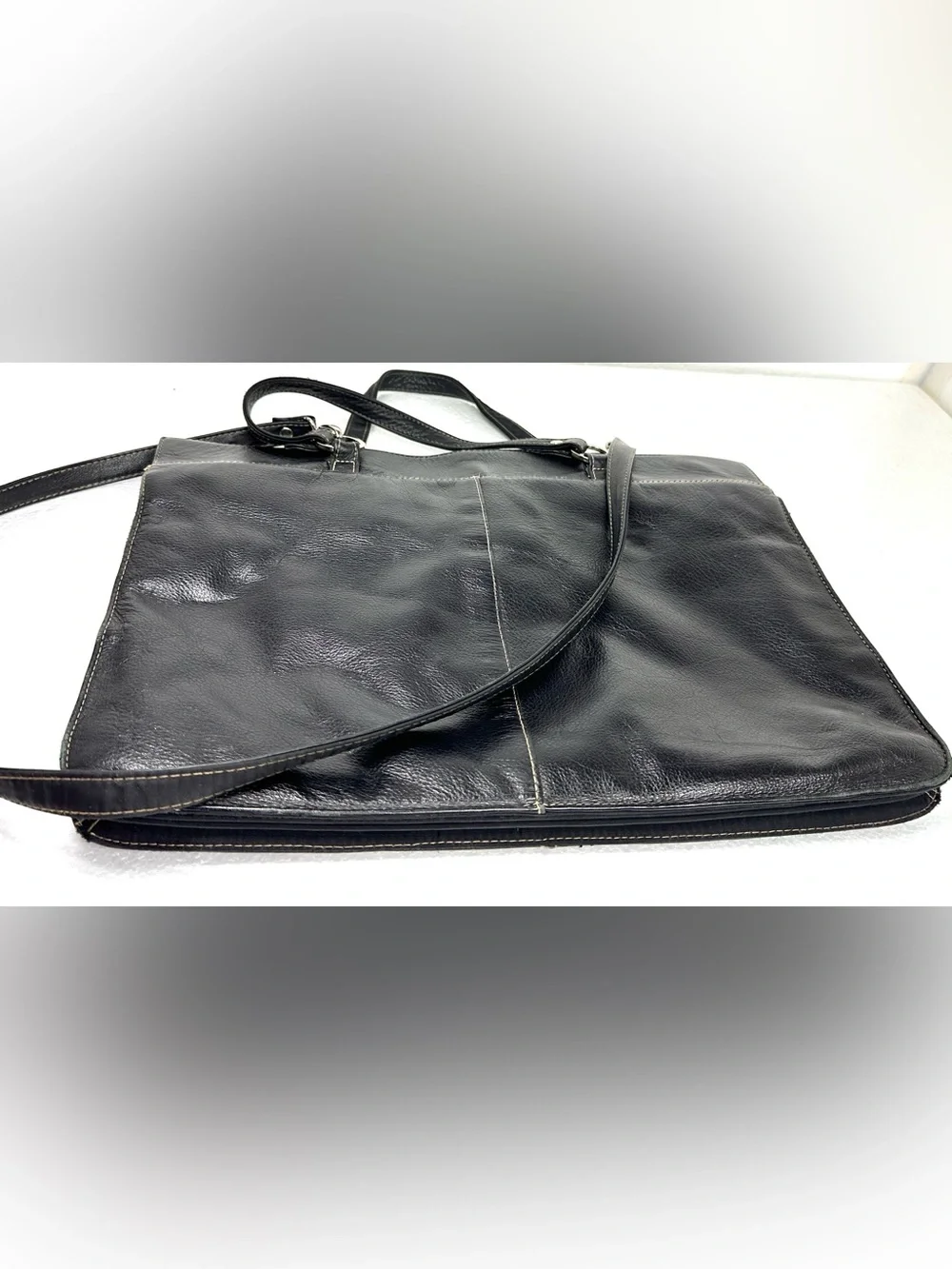 Vintage Marshall Fields Black Leather Multi Compartment Large Tote